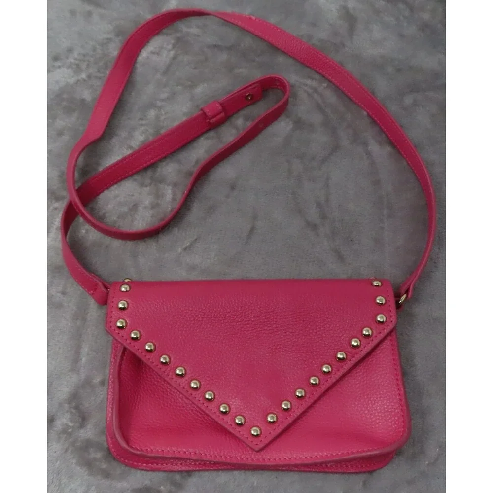 BTB Los Angeles Hot Pink Rocker Biker Styling Leather Gold Studded Crossbody Bag - Picture 1 of 16